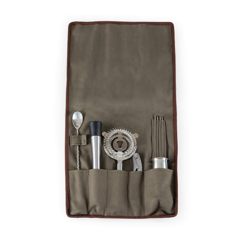 PICNIC TIME 10-Piece Bar Tool Roll Up Kit, Travel Bartender Kit with Bag and Cocktail Set, Mixology Bartender Travel Set with Waxed Canvas Storage Pouch and Cocktail Accessories, (Khaki) - Image 1